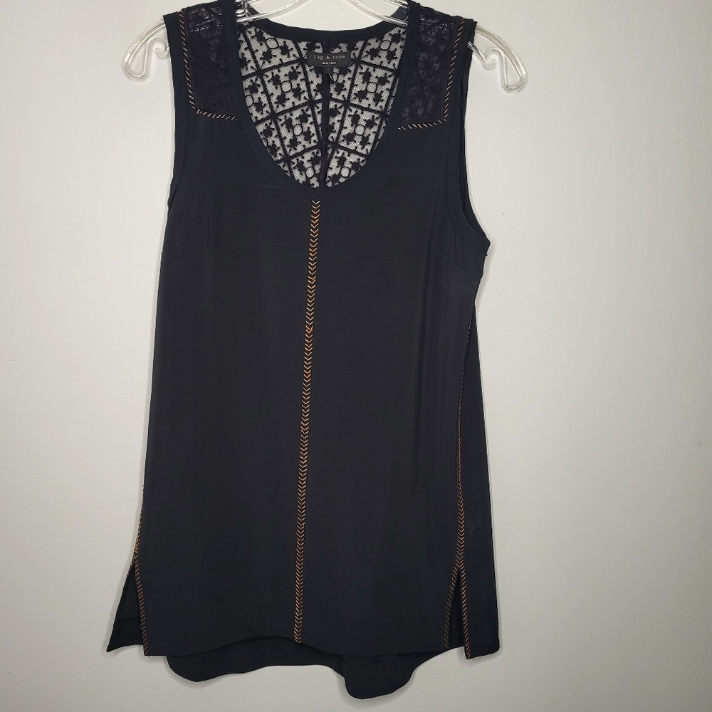 Rag & Bone Small Womens Black Sleeveless Lace Trim Embroidered Blouse